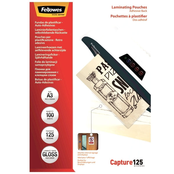 Lamináló fólia Fellowes A/3 125 mikron fényes, öntapadó hátlappal