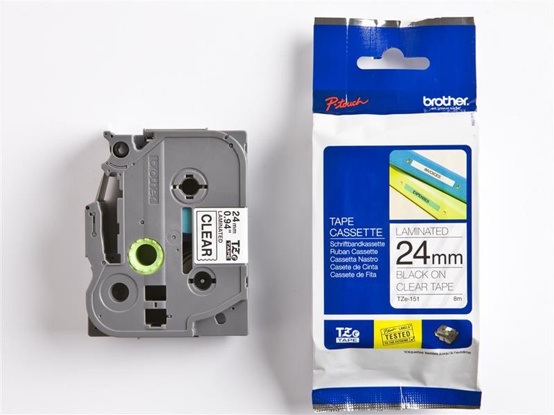 Betűnyomó kazetta 24mm Brother TZe151 átlátszó-fekete