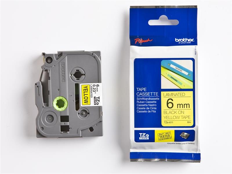 Betűnyomó kazetta 6mm Brother TZe611 sárga-fekete