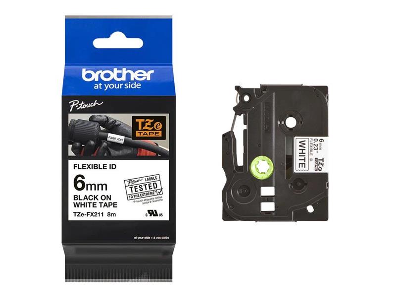 Betűnyomó kazetta 6mm Brother TZeFX211 rugalmas fehér-fekete